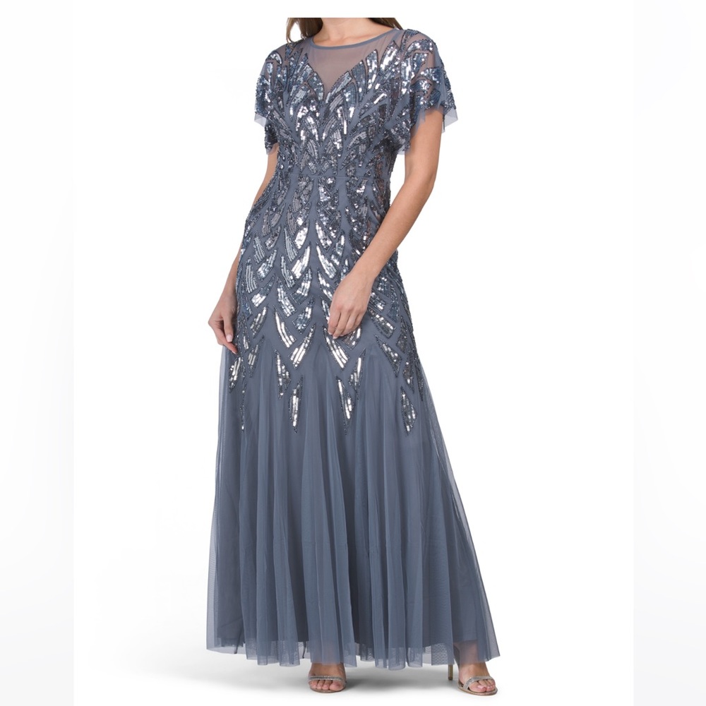 NWT Adrianna Papell Illusion Short Sleeve Pleated Beaded Gown in Sliver Gray